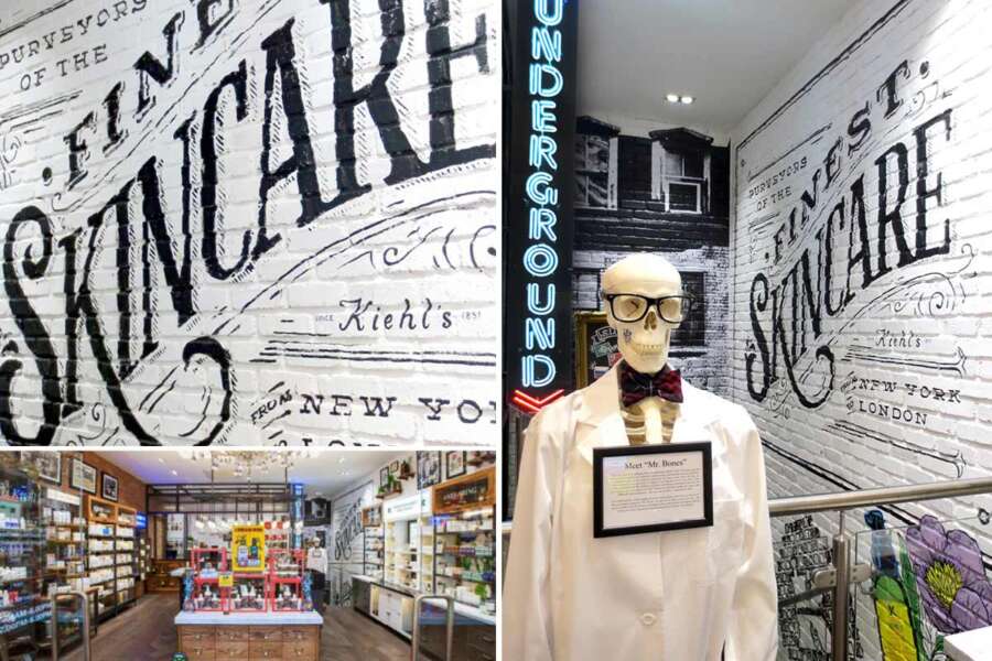 Hand painted vintage style wall lettering and graphics inside the Kiehl’s Regent Street flagship store