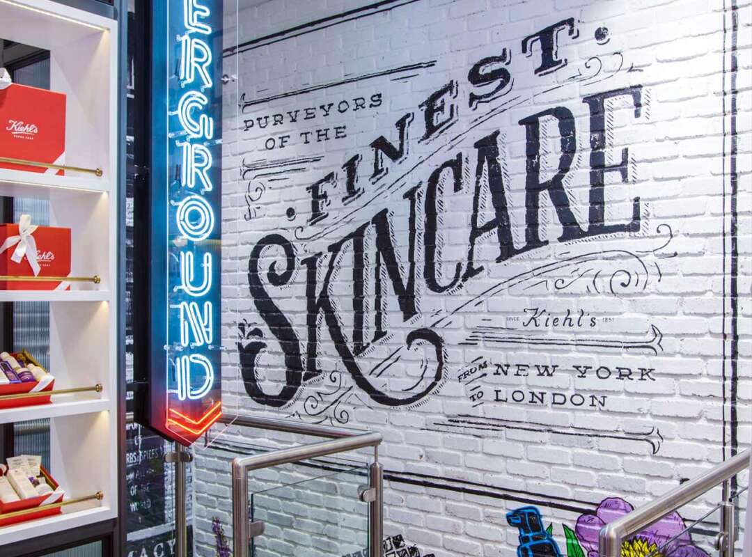 Kiehls Regent Street – Hand Painted Stairwell Graphics Hand painted vintage lettering graphics inside the Kiehl’s flagship store on Regent Street London