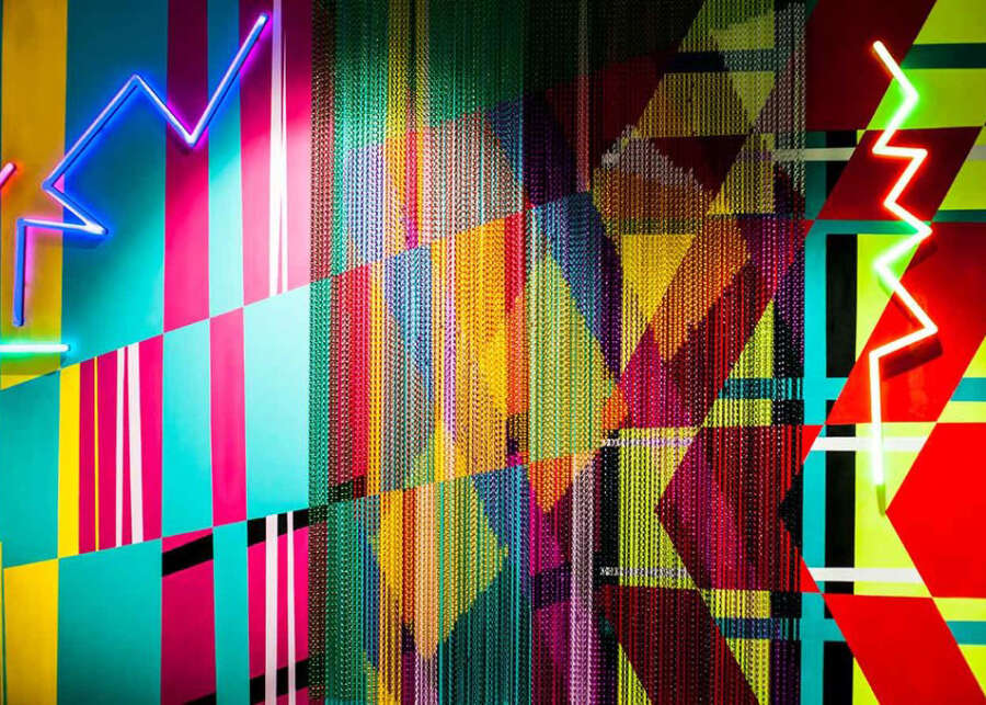 Detail of layered colour and chain textures from Eli Sudbrack mural at the MAC Carnaby Street store