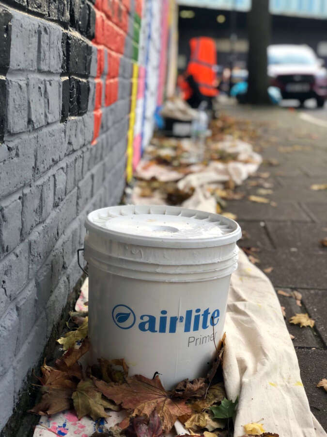 Airlite paint bucket used during the production of Alec Doherty air-purifying mural