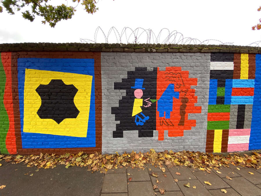 Illustrated panel from Alec Doherty mural depicting Bermondsey heritage