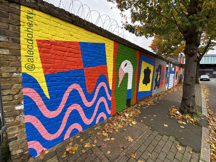 Colourful section of Alec Doherty public art mural painted with Airlite paint in Bermondsey