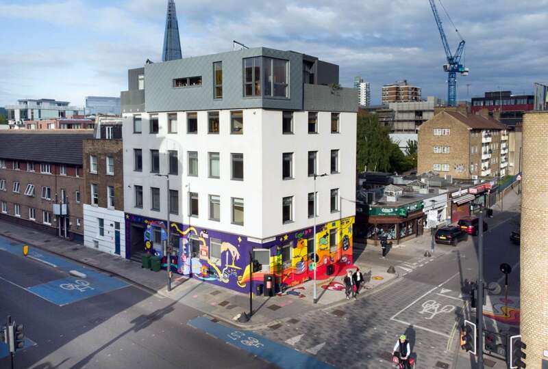 Large-scale public art building wrap by Hannah Hill in Bankside London produced with Tate and Better Bankside