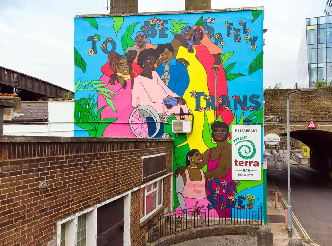 Safely Trans Outside mural by BLK Moody Boi installed on a building in Bankside London