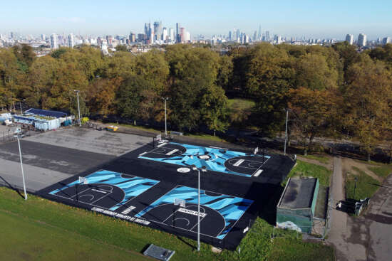 Close-up of centre circle graphic from painted basketball court mural at Clapham Common