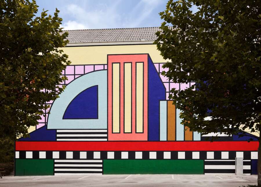 Large façade mural section from Camille Walala building wrap at Montana Furniture Denmark