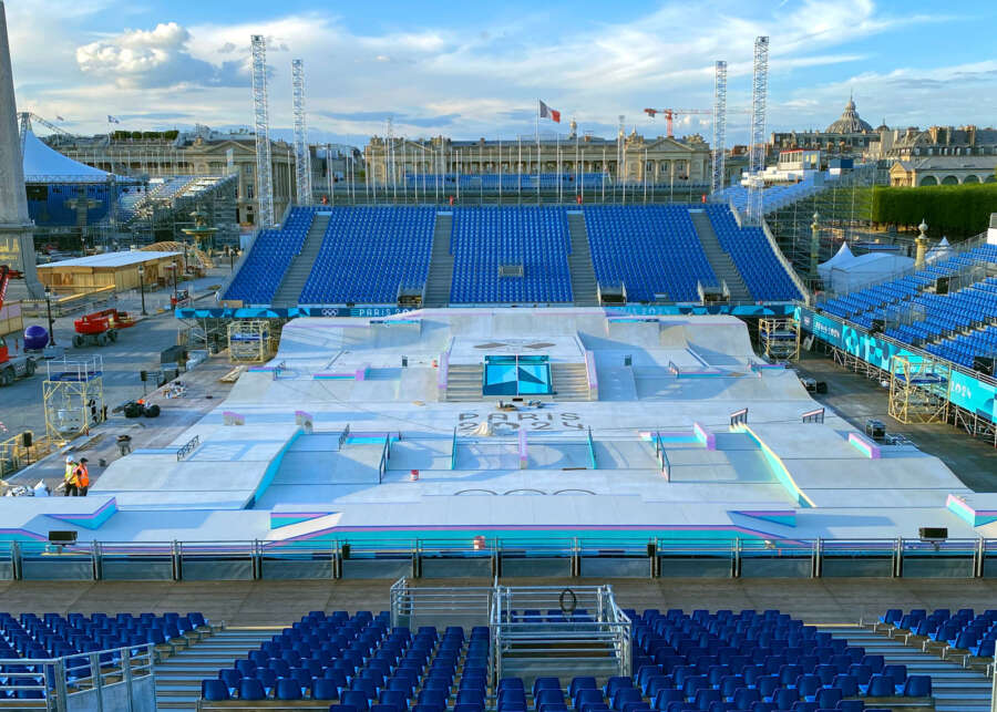 Wide view of the Paris 2024 Olympic skateboarding venue with painted skatepark graphics