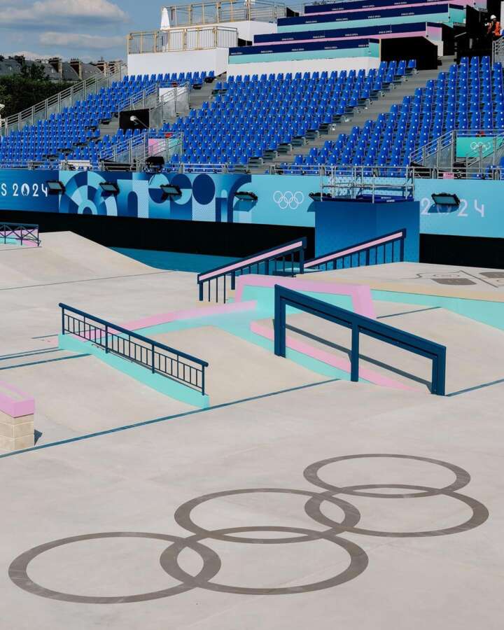 Street skateboarding obstacles and painted surfaces at the Paris 2024 Olympic skatepark