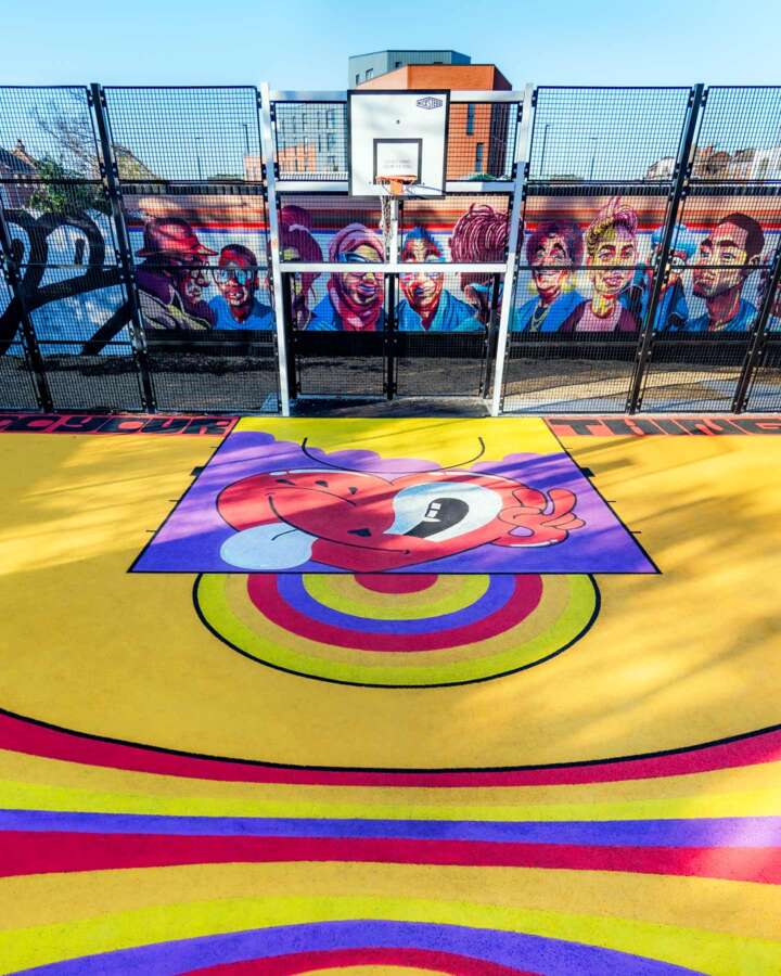 Painted basketball court mural by Hattie Stewart at Orchard Park Portsmouth