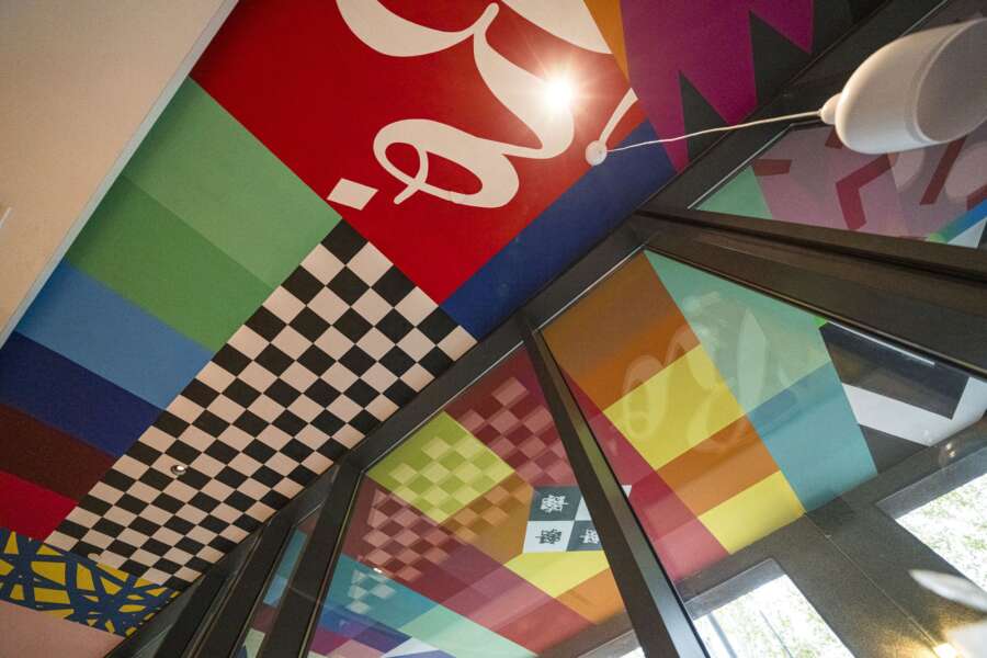Detail of colourful patterned ceiling mural by Italian artist UNO in Rome