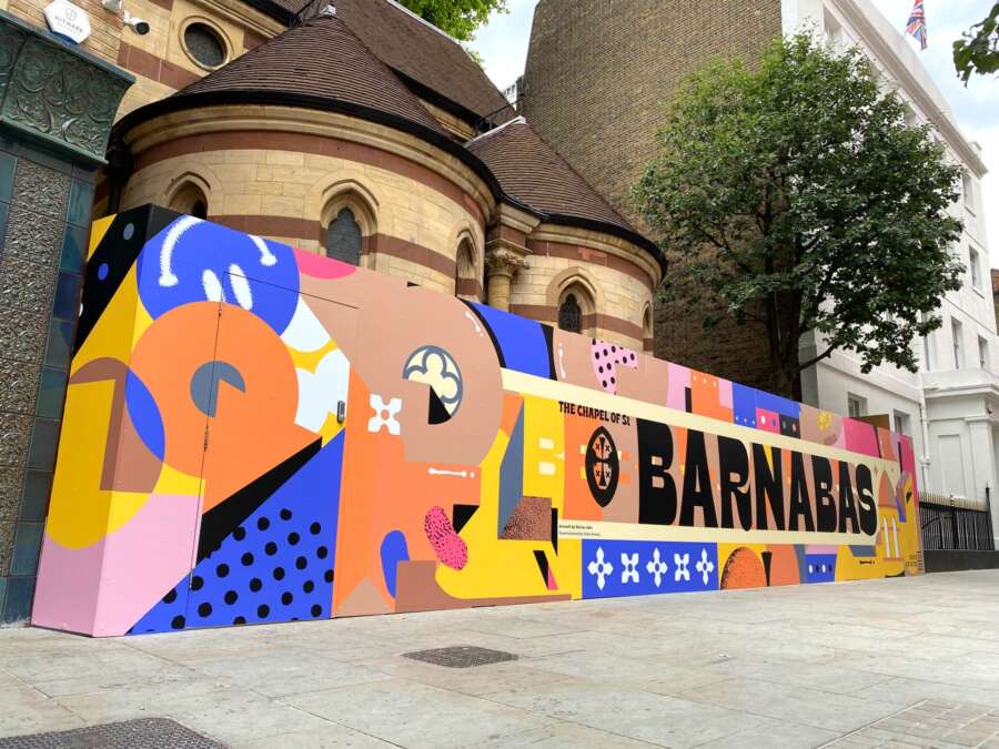 Detail of vinyl mural hoarding artwork outside House of St Barnabas Soho