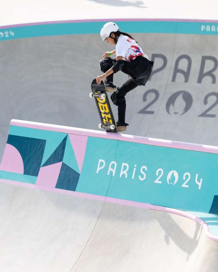 Painted skatepark mural graphics at the Paris 2024 Olympic street skateboarding course