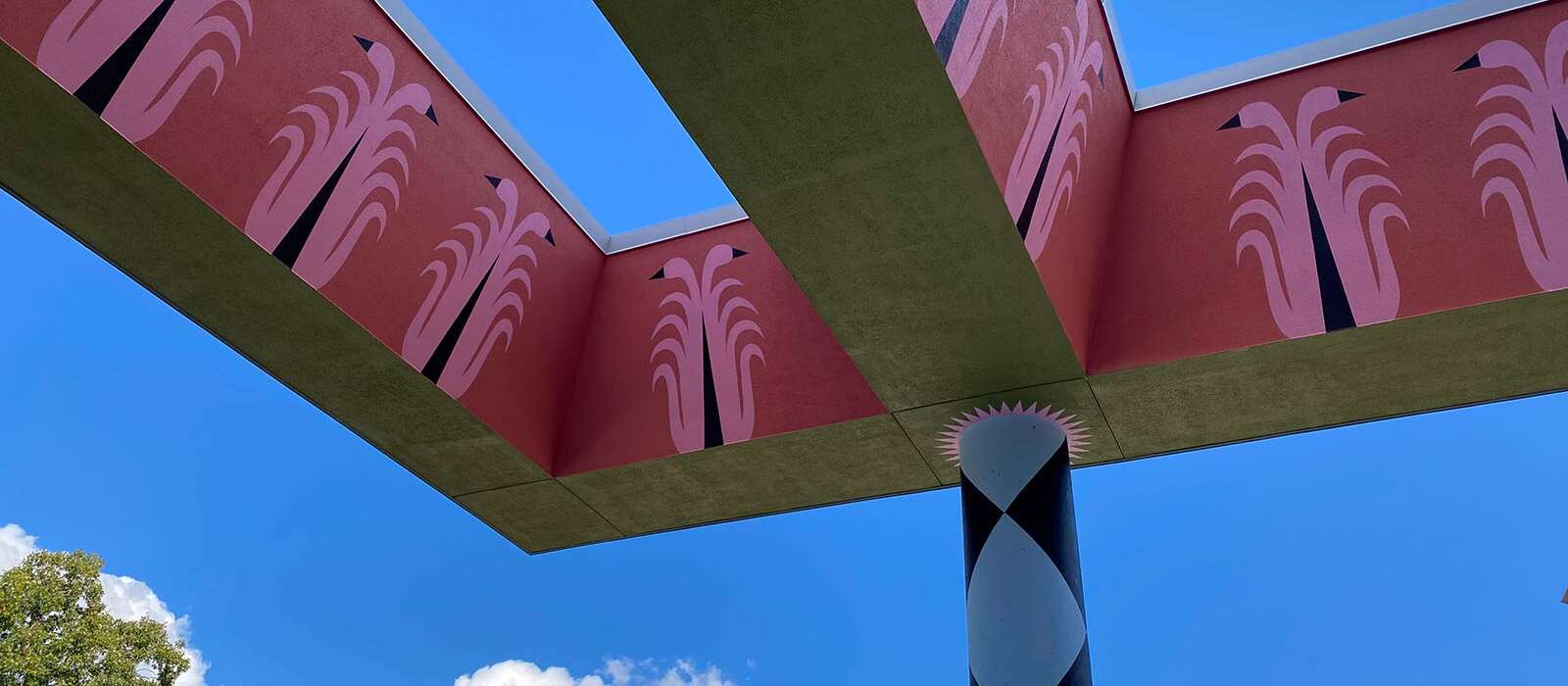 Detail of painted column and patterned canopy beams from Boston mural installation
