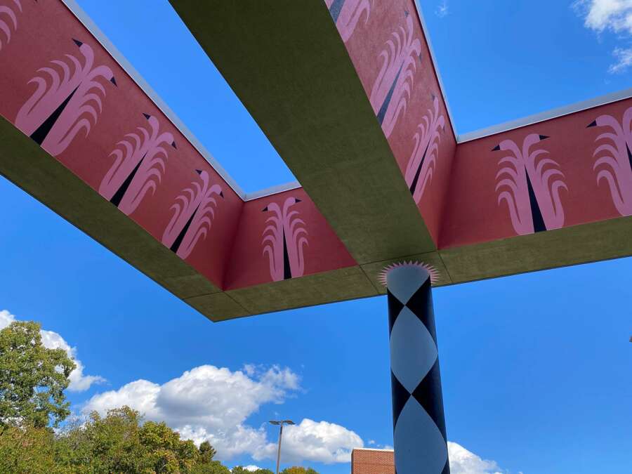 Detail of painted column and patterned canopy beams from Boston mural installation