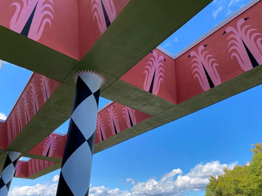 Architectural detail of painted canopy mural structure in Boston
