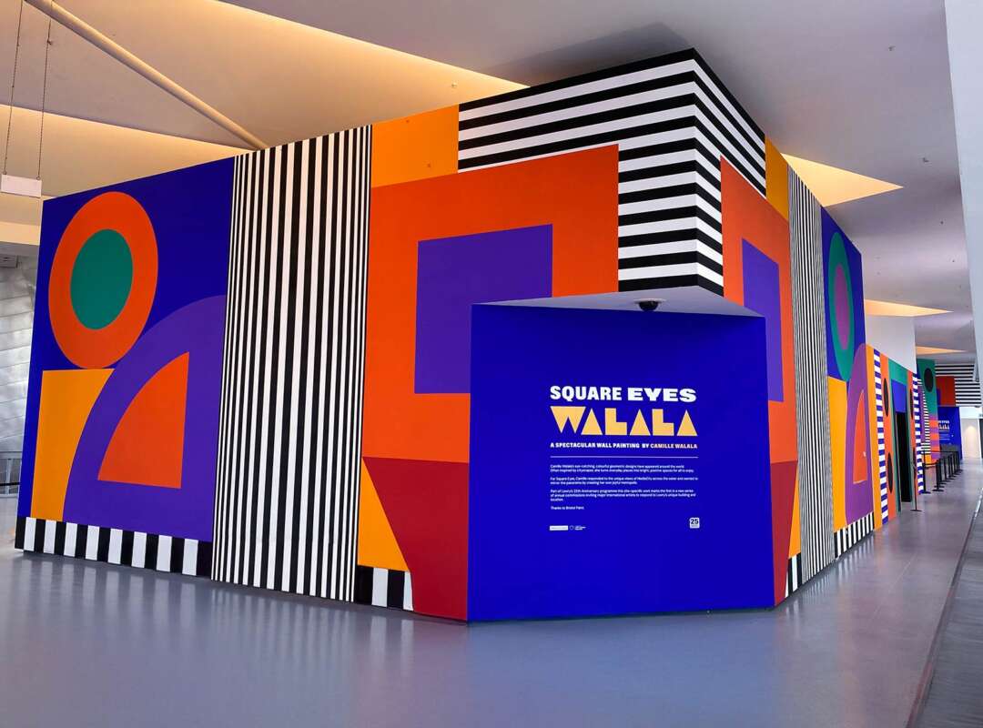 Camille Walala Square Eyes installation wall inside The Lowry building in Salford