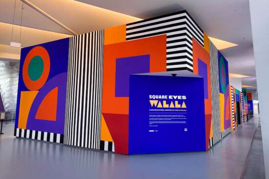 Camille Walala Square Eyes installation wall inside The Lowry building in Salford