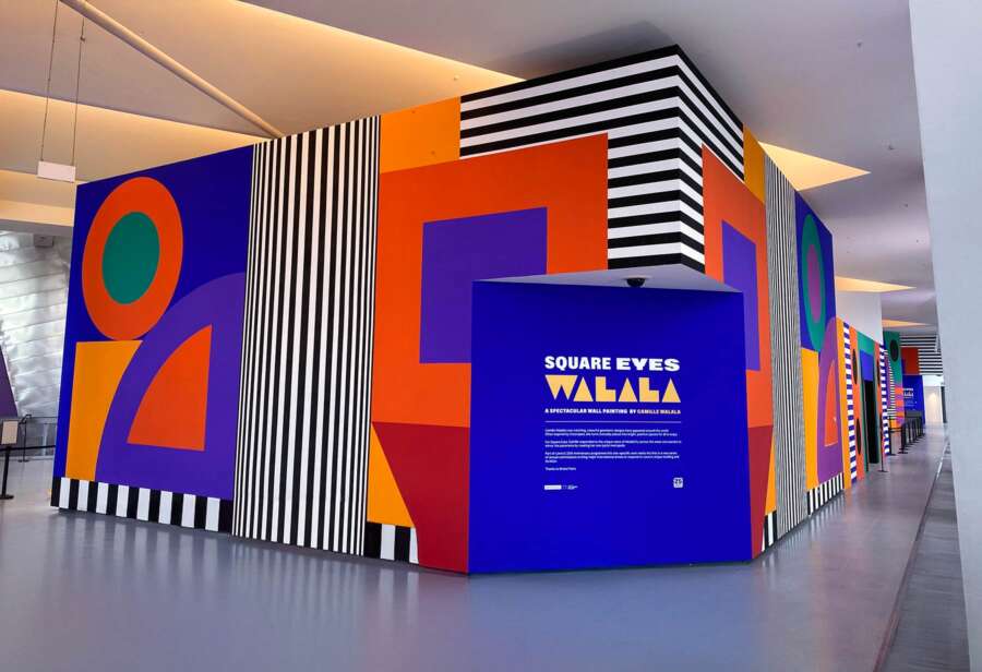 Camille Walala Square Eyes installation wall inside The Lowry building in Salford