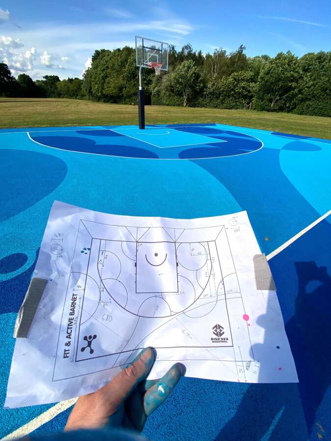Design plans for Darren John painted basketball court mural installed in Barnet park