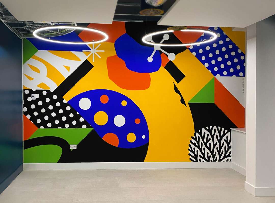 Large abstract mural by Darren John inside the London School of Hygiene & Tropical Medicine building