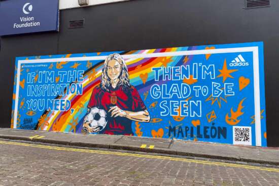 Painted mural installation of Mapi León created for Adidas UEFA Women’s EURO 2022 campaign in London