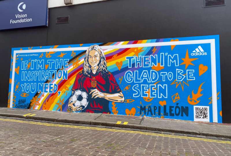 Painted mural installation of Mapi León created for Adidas UEFA Women’s EURO 2022 campaign in London