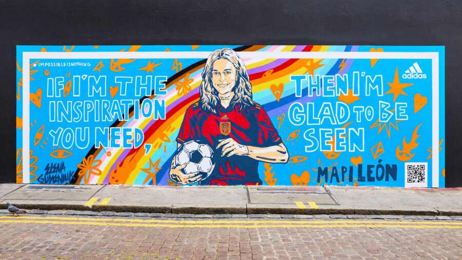Adidas campaign mural of footballer Mapi León painted in London for UEFA Women’s EURO 2022, artwork by Elena Gumeniuk