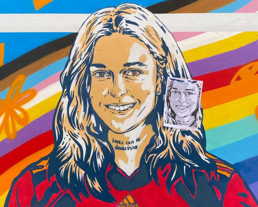 Detail of Mapi León portrait mural created for Adidas UEFA Women’s EURO 2022 campaign