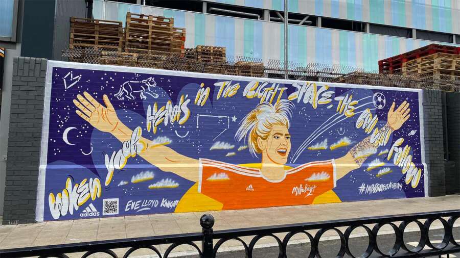 Millie Bright campaign mural illustrated by Eve Lloyd Knight for Adidas UEFA Women’s EURO 2022