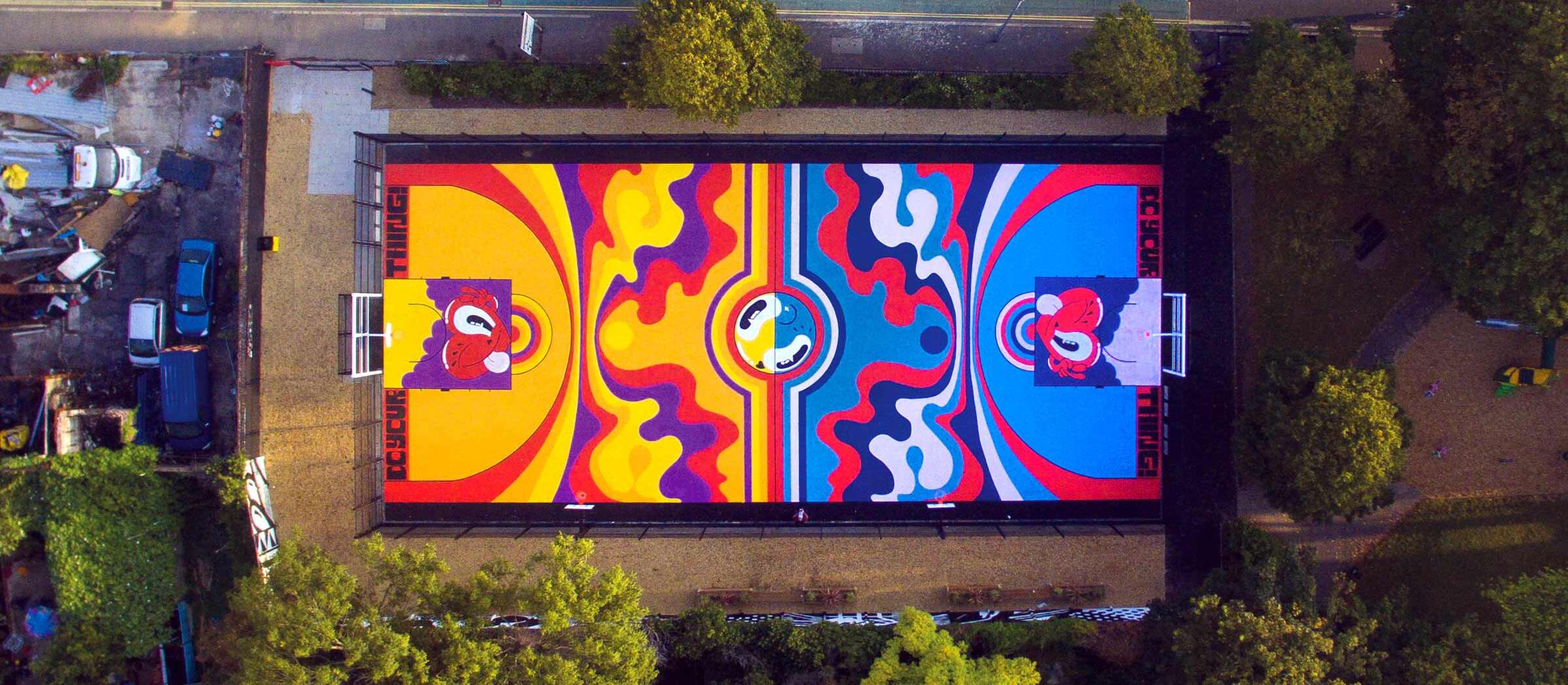 Aerial View of Hattie Stewart Basketball Court Mural in Portsmouth