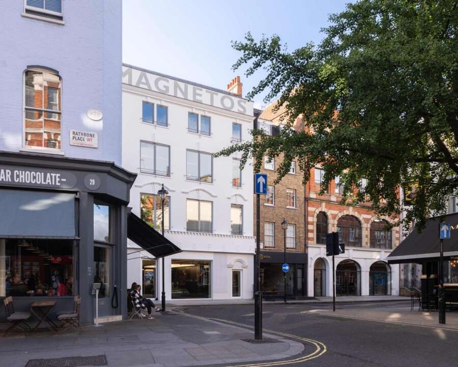 Rathbone Street Garage building in Fitzrovia showing restored Magnetos architectural signage on rooftop